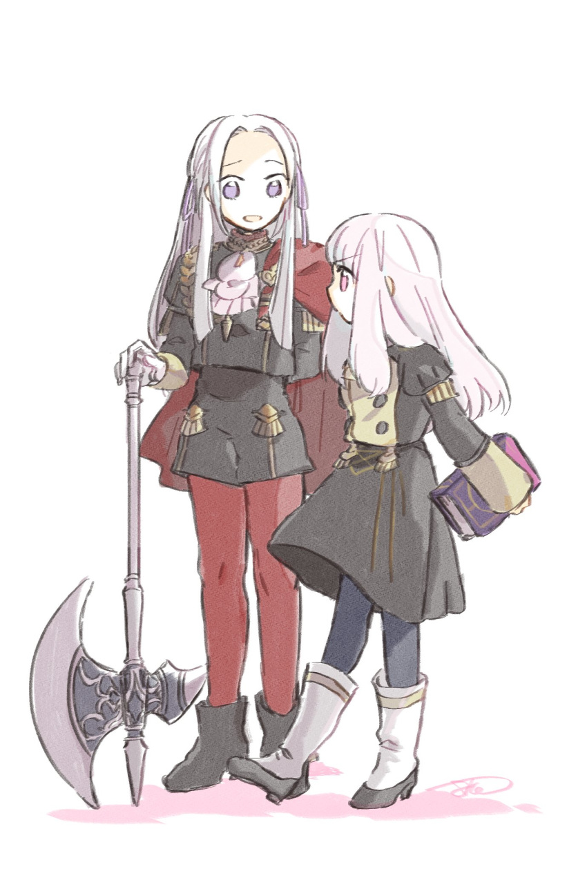 2girls, axe, batoson54, blue_legwear, book, cape, edelgard_von_hresvelg, fire_emblem