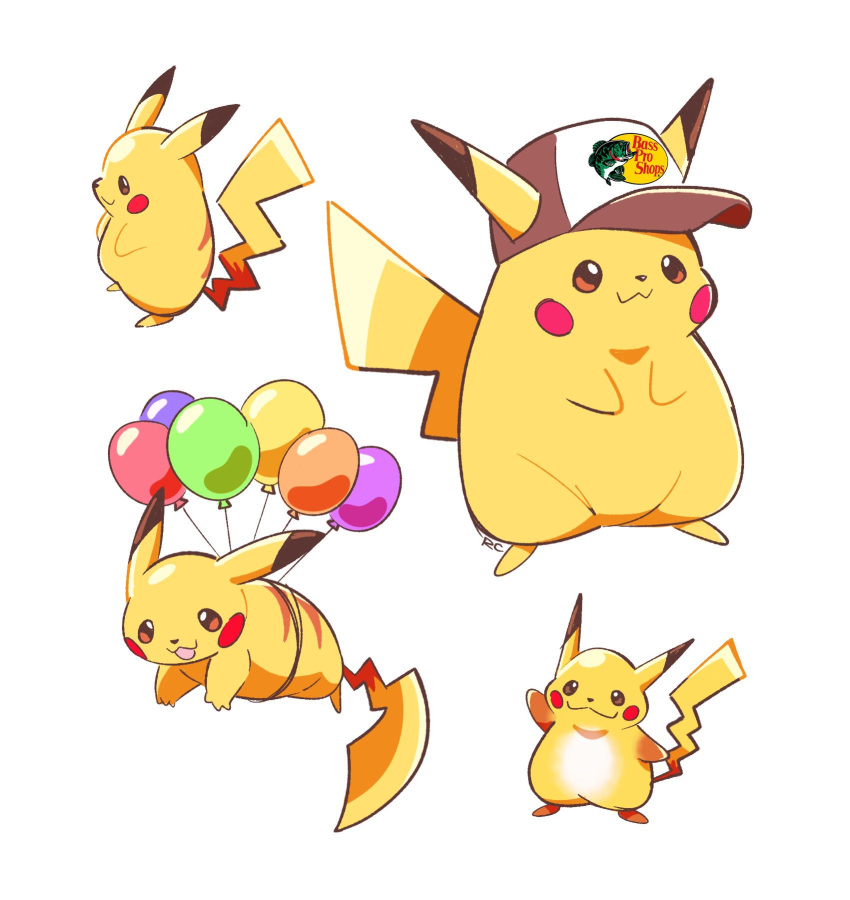 artsy-rc, balloon, baseball_cap, bass_pro_shops, clothed_pokemon, commentary, ears_through_headwear, english_commentary, floating, flying_pikachu, gen_1_pokemon, hat, highres, no_humans, pikachu, pokemon, pokemon_(creature), signature, simple_background, smile, white_background, wide_face