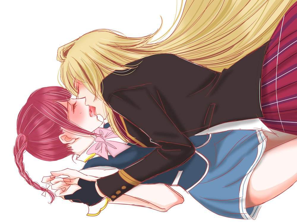2girls, blonde_hair, blush, breasts, closed_eyes, couple, french_kiss, holding_hands