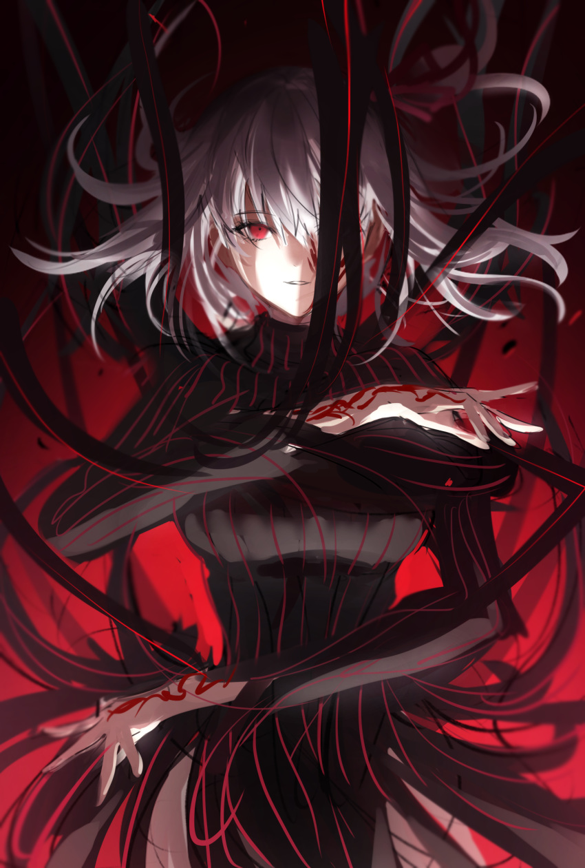 1girl, alter_servant, body_markings, breasts, commentary_request, corruption, dark_persona, dark_sakura