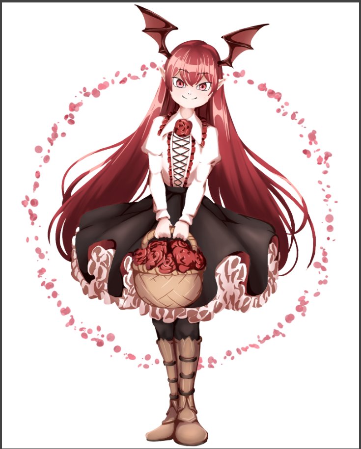 1girl, basket, bat_wings, black_legwear, black_skirt, boots, brown_footwear, collared_shirt