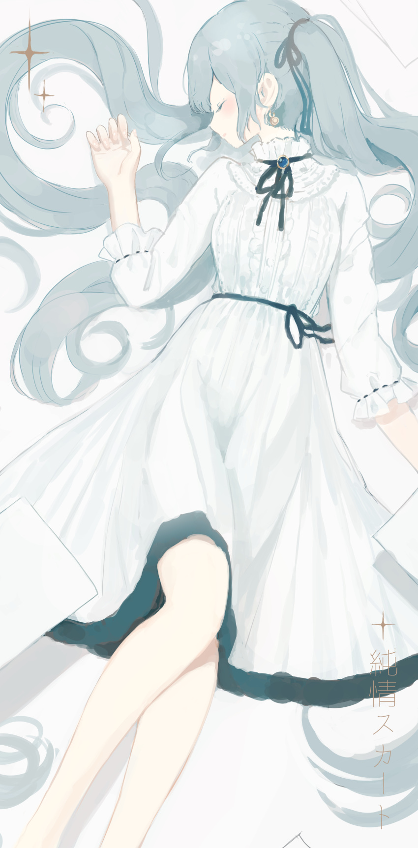 1girl, absurdres, bangs, black_ribbon, blue_hair, blush, brooch, closed_eyes