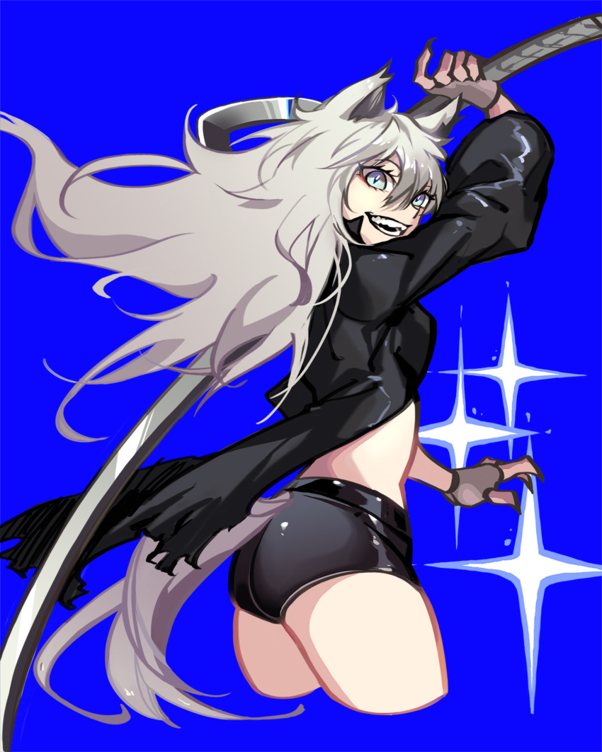 1girl, animal_ears, arknights, ass, black_coat, black_shorts, blue_background, blue_eyes