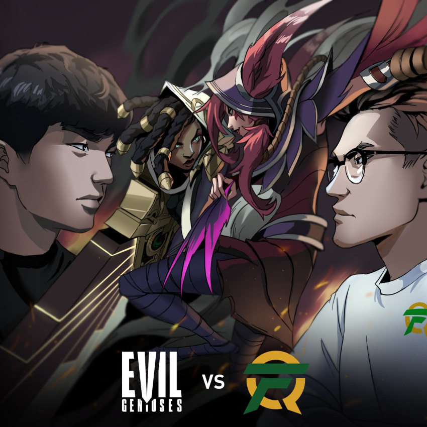 2boys, 2girls, bang_(gamer), cannon, english_commentary, evil_geniuses_(team), feathers, flyquest