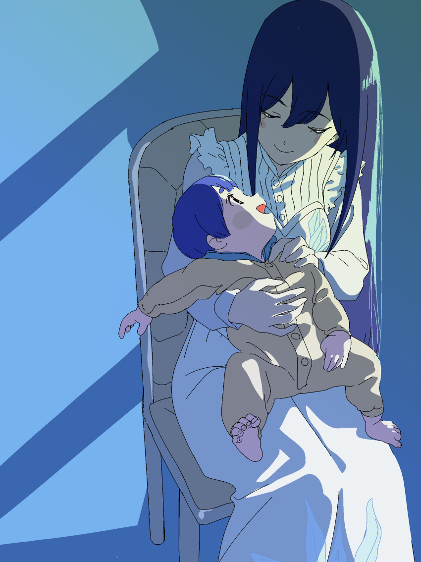 2girls, absurdres, baby, blue_hair, blush_stickers, dress, flip_flappers, highres
