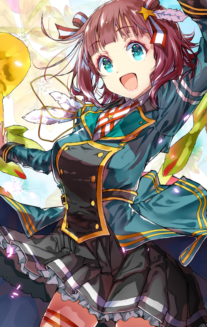1girl, :d, absurdres, amami_haruka, arm_up, bangs, black_skirt, blunt_bangs, breasts, brown_hair, commentary_request, cowboy_shot, double-breasted, eyebrows_visible_through_hair, feathers, floral_background, frilled_skirt, frills, geranium, green_eyes, green_jacket, hair_ornament, hair_ribbon, highres, idolmaster, idolmaster_(classic), idolmaster_million_live!, idolmaster_million_live!_theater_days, jacket, long_sleeves, looking_at_viewer, medium_breasts, medium_hair, open_mouth, outstretched_arm, pleated_skirt, ribbon, shiny, shiny_hair, skirt, smile, solo, star, star_hair_ornament, thigh_strap, yae_(mono110)