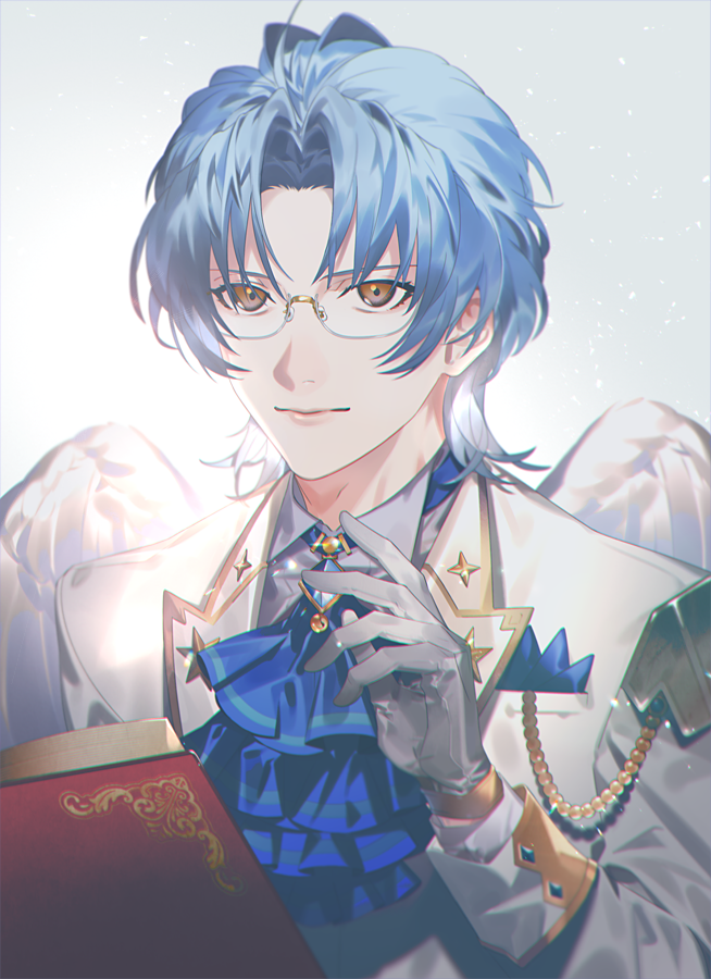1boy, altair_(granblue_fantasy), angel_wings, bangs, blazer, blue_hair, book, brown_eyes, collared_shirt, glasses, gloves, granblue_fantasy, holding, holding_book, jacket, male_focus, necktie, osoma, shirt, simple_background, solo, white_wings, wings