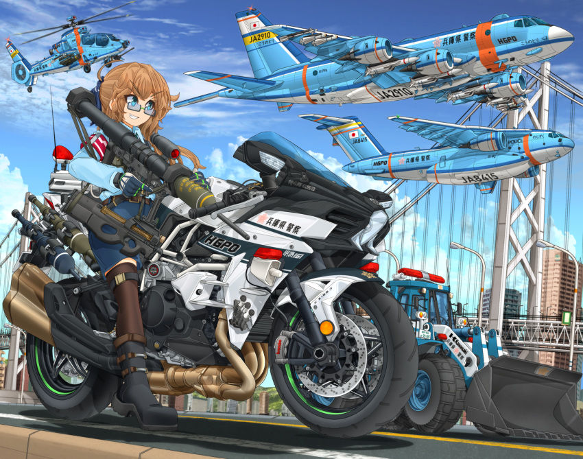 1girl, 2others, aircraft, airplane, armband, bangs, belt, black-framed_eyewear