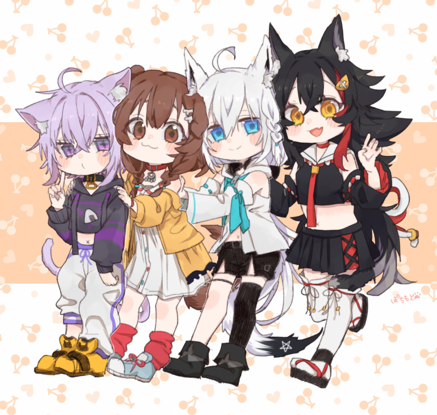 4girls, :3, ahoge, animal_ear_fluff, animal_ears, artist_name, black_footwear, black_hair