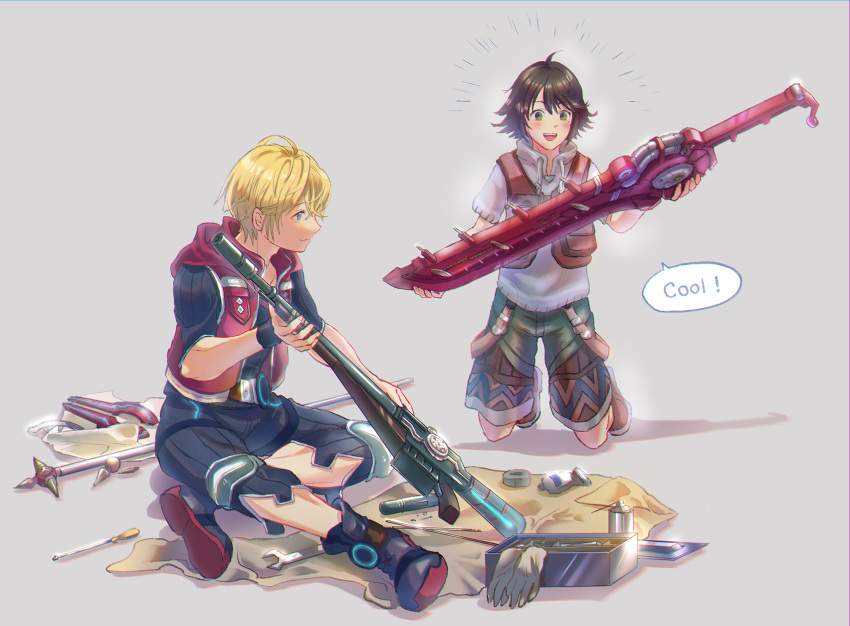 2boys, :d, disassembly, english_text, fuwamoko_momen_toufu, grey_background, gun, highres