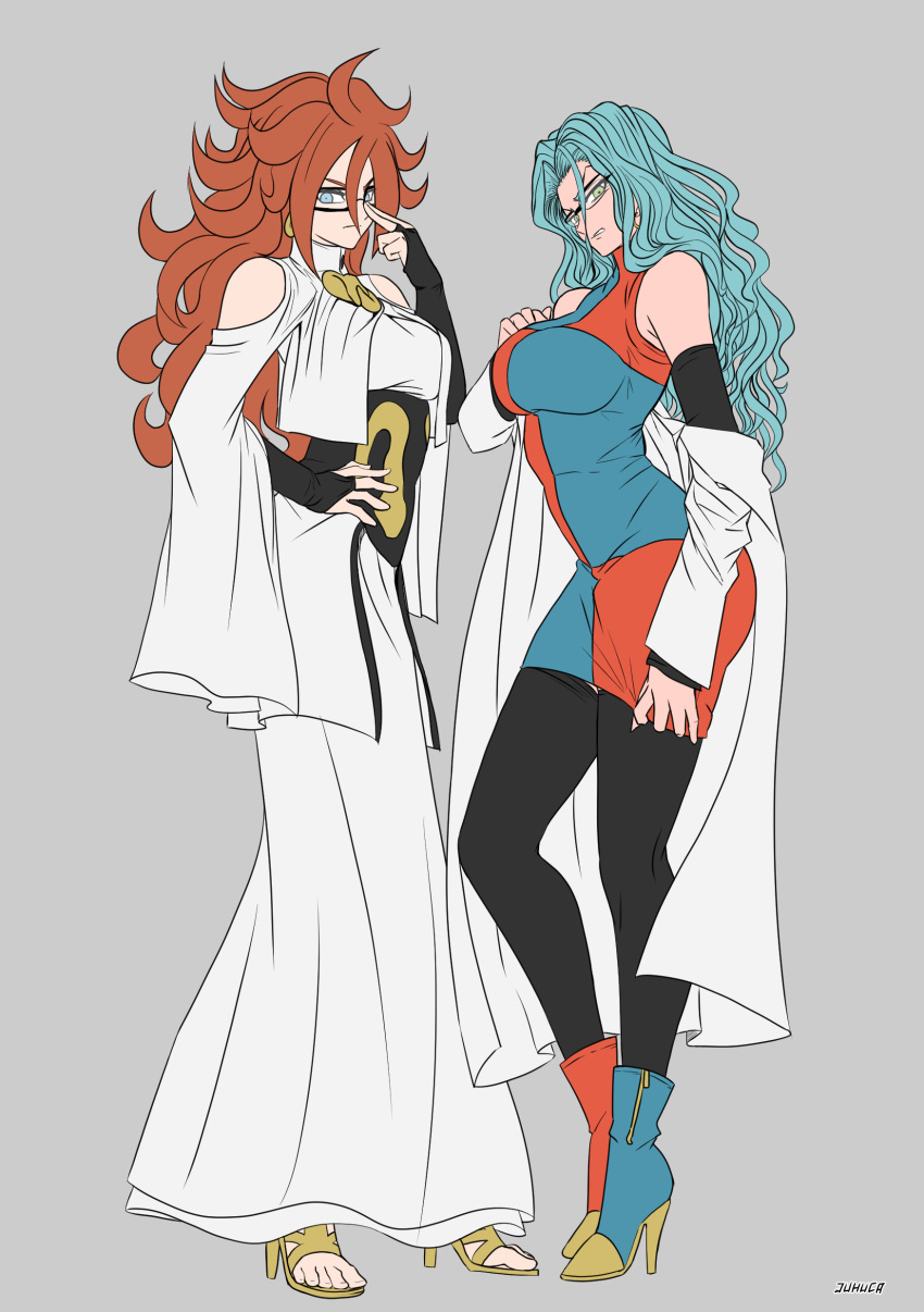 2girls, absurdres, adjusting_eyewear, alternate_legwear, android_21, android_21_(cosplay), aqua_hair, arm_warmers, artist_name, bangs, black_legwear, blue_dress, blue_eyes, blue_footwear, boots, breasts, brown_hair, coat, corset, cosplay, costume_switch, crossover, dragon_ball, dragon_ball_fighterz, dress, earrings, full_body, glasses, gold_footwear, gold_trim, green_eyes, grey_background, hair_between_eyes, hand_on_hip, hand_on_own_chest, high_heel_boots, high_heels, highres, jewelry, juhuca, large_breasts, long_hair, looking_at_viewer, medium_breasts, mismatched_footwear, multiple_girls, off_shoulder, one-punch_man, orange_dress, orange_footwear, parted_bangs, psychos, psychos_(cosplay), scowl, short_dress, shoulder_cutout, signature, simple_background, sleeveless, sleeveless_dress, standing, thigh-highs, turtleneck_dress, two-tone_dress, wavy_hair, white_coat, white_dress, wide_sleeves