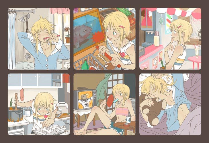 bridget, bridget_(guilty_gear), brushing_teeth, comic, cooking, fish, guilty_gear, male, priscilla_hamby, shorts, sleeping, stuffed_animal, stuffed_toy, teddy_bear, television, trap, tubetop