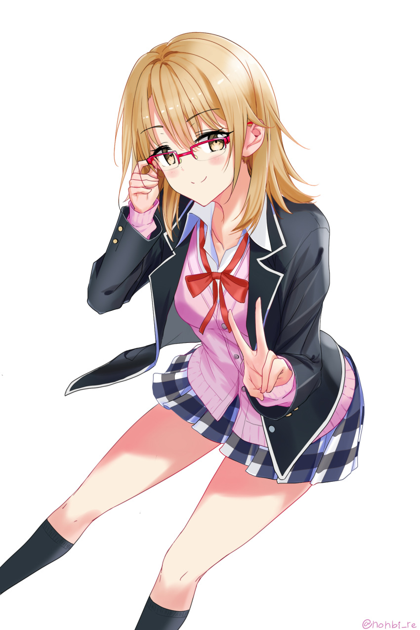 1girl, alternate_color, arrichee, black_jacket, black_legwear, blazer, blonde_hair, brown_eyes