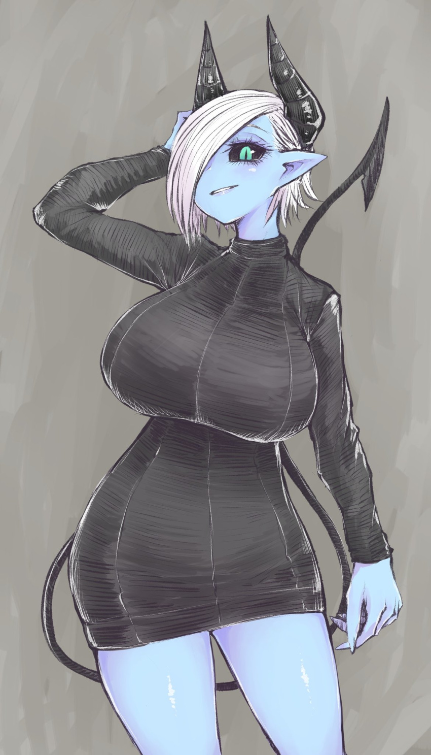 1girl, black_horns, black_sclera, black_sweater, breasts, curvy, demon_girl, demon_horns, demon_tail, dress, green_eyes, grey_background, highres, horns, huge_breasts, juugoya_(zyugoya), looking_at_viewer, musuko_ga_kawaikute_shikatanai_mazoku_no_hahaoya, pointy_ears, short_hair, smile, sweater, sweater_dress, tail, teresa_(musuko_ga_kawaikute_shikatanai_mazoku_no_hahaoya), thick_thighs, thighs, waterpaint, white_hair