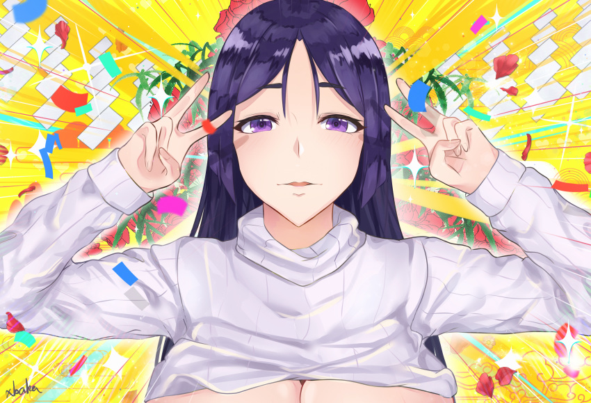 1girl, absurdres, bangs, blush, breasts, clothes_lift, confetti, double_v