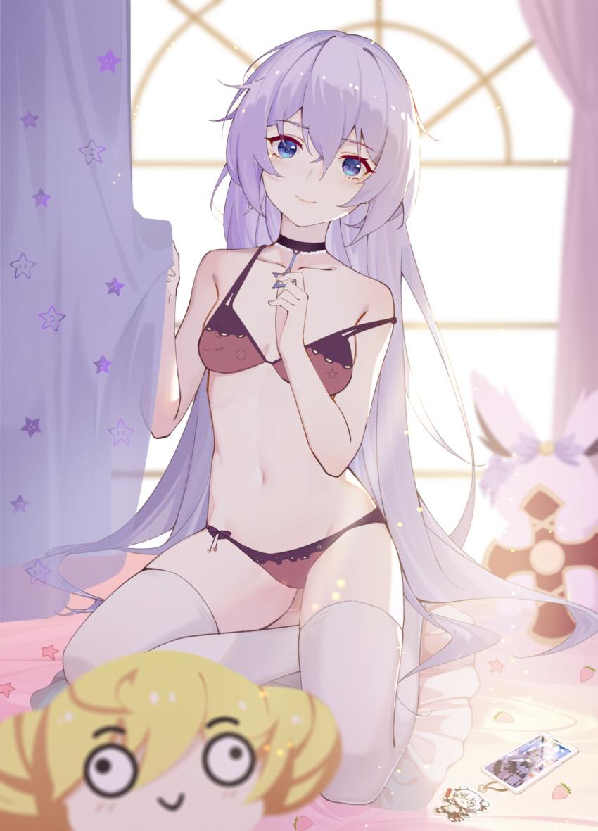 1girl, ai_chan, black_choker, blue_eyes, blurry, blurry_background, blurry_foreground, blush