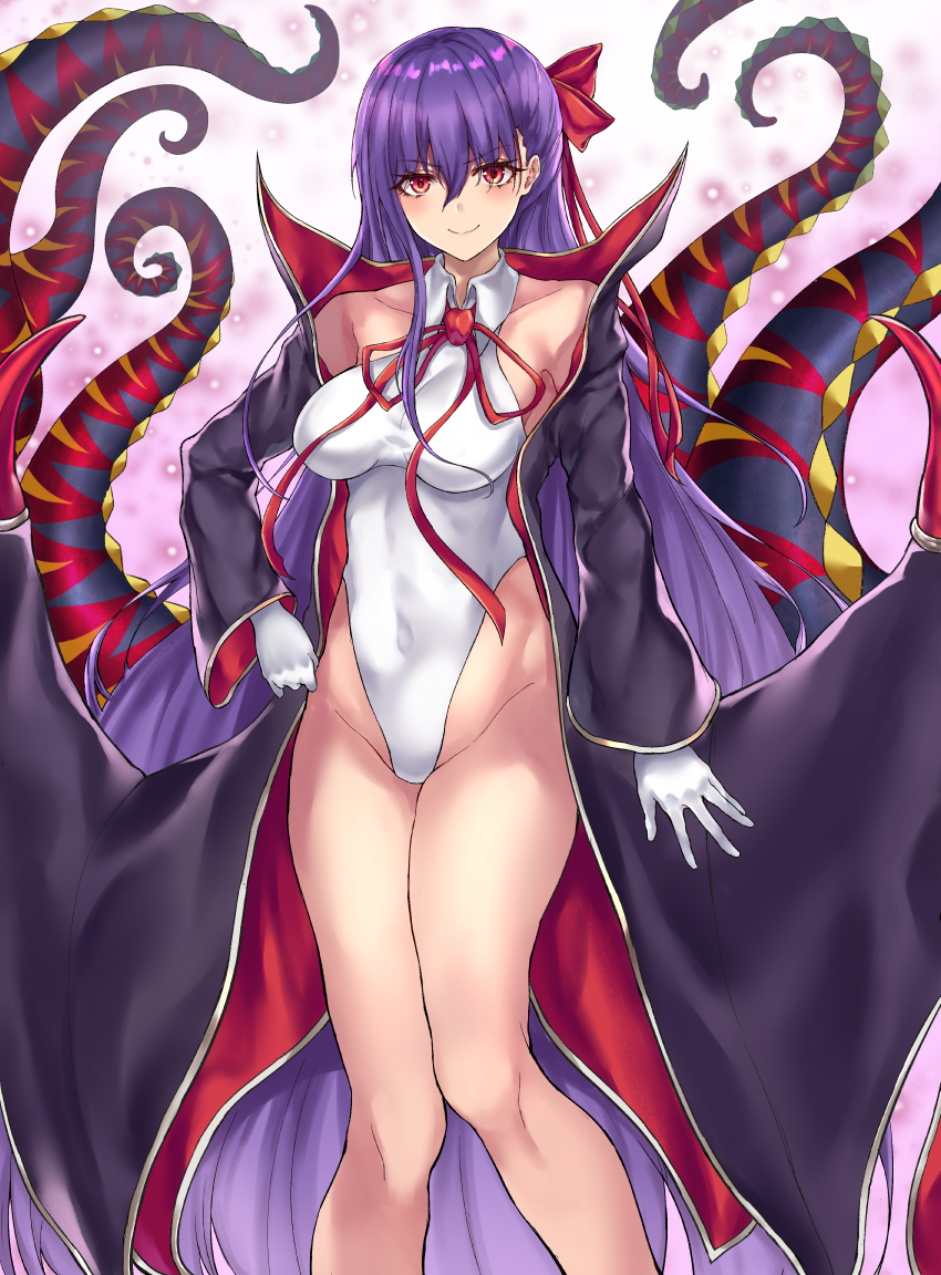 1girl, bangs, bare_shoulders, bat_wings, bb_(fate)_(all), bb_(swimsuit_mooncancer)_(fate), black_coat, blush