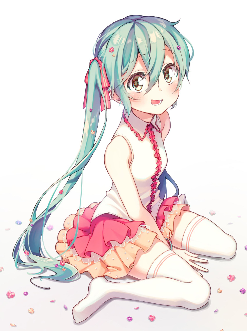 1girl, :d, absurdres, aizaki_(aizkaizk), aqua_eyes, aqua_hair, arm_support, bare_arms
