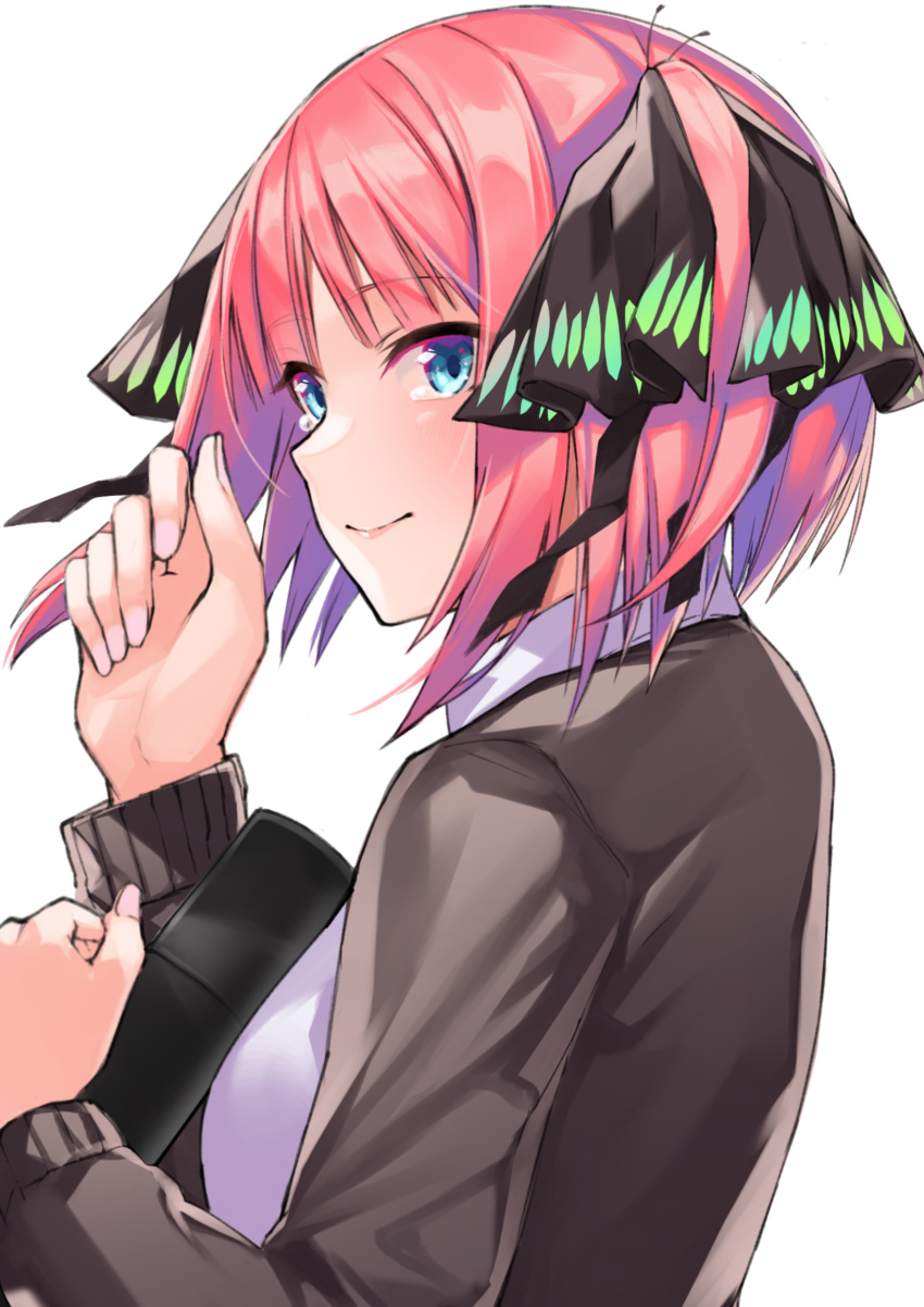 1girl, absurdres, bangs, black_ribbon, blue_eyes, closed_mouth, eyebrows_visible_through_hair, go-toubun_no_hanayome
