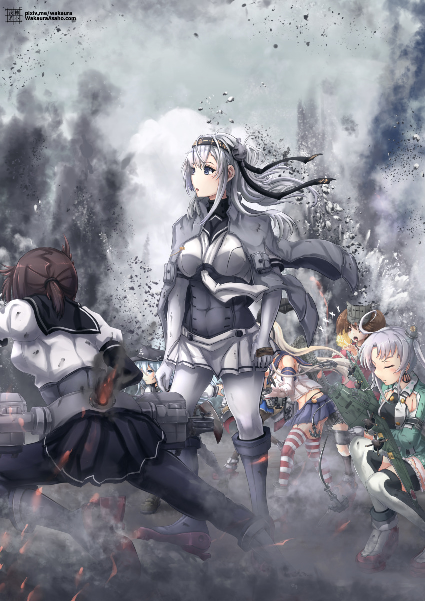 5girls, ahoge, aircraft, airplane, akitsushima_(kantai_collection), black_hair, blonde_hair, brown_hair
