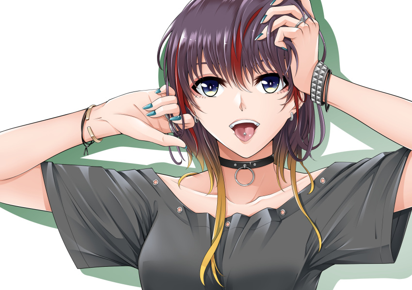 1girl, aqua_nails, blue_eyes, bracelet, choker, earrings, fingernails, grey_shirt, highres, jewelry, multicolored_hair, open_mouth, original, piercing, ring, shirt, short_hair_with_long_locks, simple_background, solo, streaked_hair, tongue_piercing, upper_body, wreath_(lit)