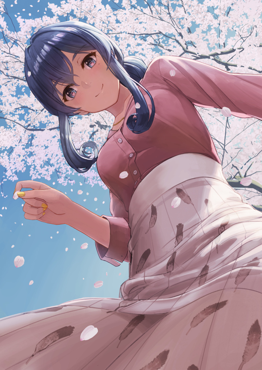 1girl, alternate_costume, blue_eyes, blue_hair, blush, breasts, cherry_blossoms, day