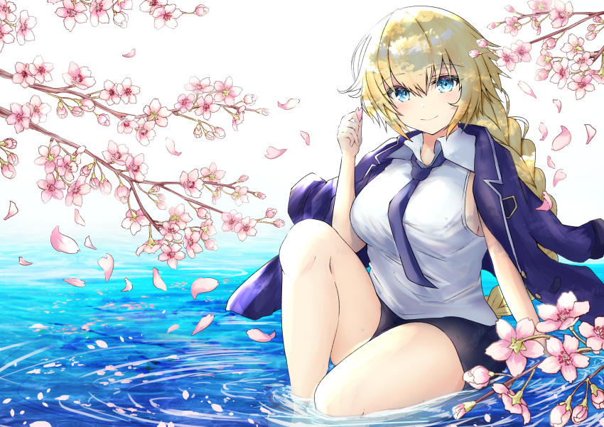 1girl, absurdres, bangs, black_shorts, blonde_hair, blue_eyes, blue_jacket, blue_neckwear, braid, breasts, cherry_blossoms, closed_mouth, collared_shirt, commentary_request, eyebrows_visible_through_hair, fate/apocrypha, fate_(series), highres, jacket, jacket_on_shoulders, jeanne_d'arc_(fate), jeanne_d'arc_(fate)_(all), long_hair, long_sleeves, looking_at_viewer, medium_breasts, necktie, nuts_p_nuts, open_clothes, open_jacket, outdoors, petals, ripples, shallow_water, shirt, short_shorts, shorts, single_braid, sitting, smile, solo, spring_(season), tree_branch, very_long_hair, water, white_shirt