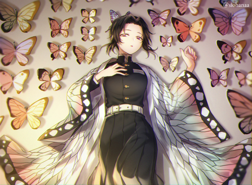 1girl, belt, belt_buckle, black_hair, black_pants, black_shirt, buckle, bug