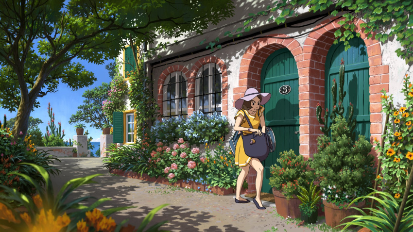 1girl, :t, bag, brown_hair, building, commentary, day, dress