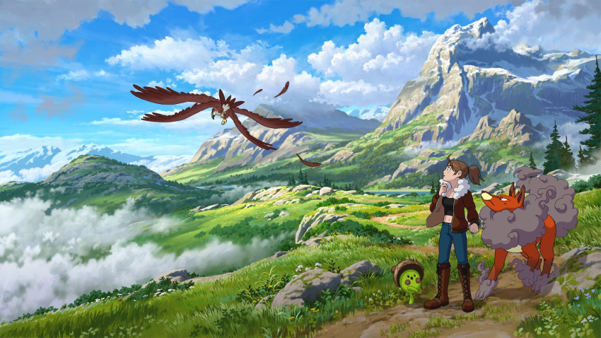 1girl, anime_coloring, bird, blue_pants, boots, brown_footwear, brown_hair, brown_jacket, chiara_zuliani, clouds, cloudy_sky, commentary, creature, crop_top, cross-laced_footwear, day, english_commentary, fantasy, field, grass, highres, jacket, kindred_fates, knee_boots, lace-up_boots, landscape, long_sleeves, lorenzo_lanfranconi, mountain, official_art, open_clothes, open_jacket, outdoors, pants, ponytail, promotional_art, scenery, sky, tree, wide_shot