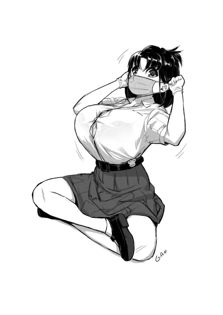 1girl, ankle_socks, belt, bra, bra_through_clothes, breasts, bursting_breasts, button_gap