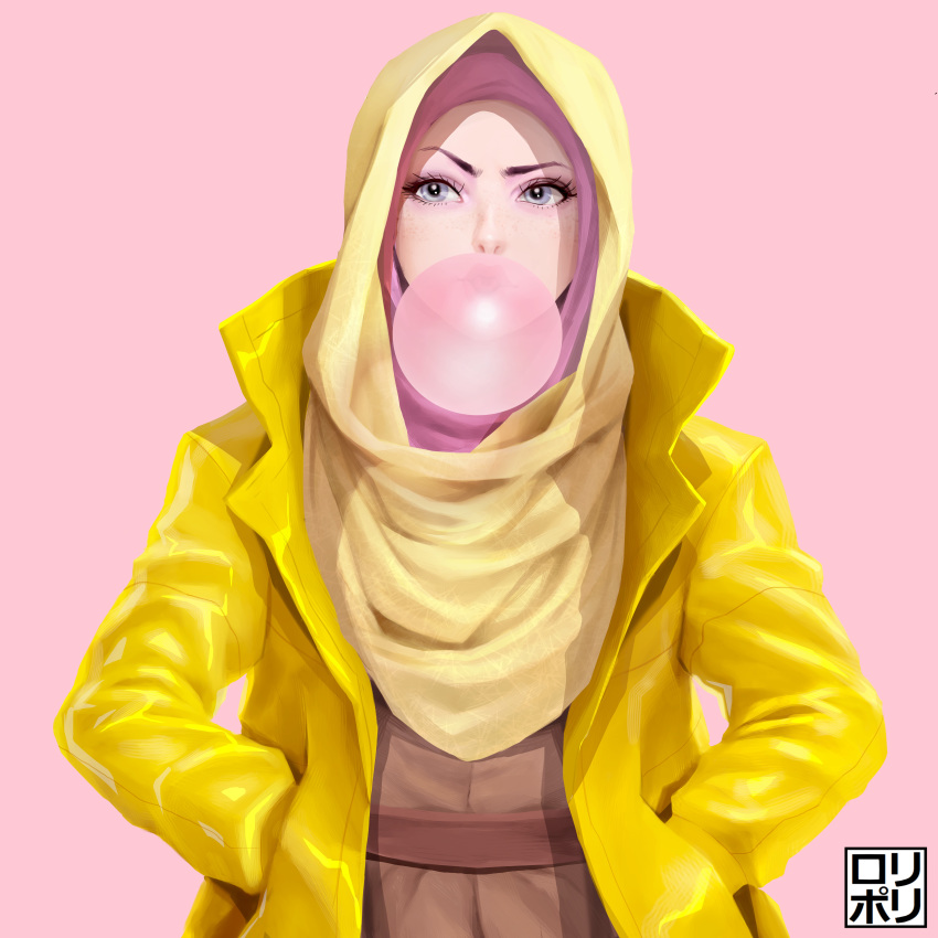 1girl, absurdres, blue_eyes, brown_dress, bubble_blowing, chewing_gum, coat, dress