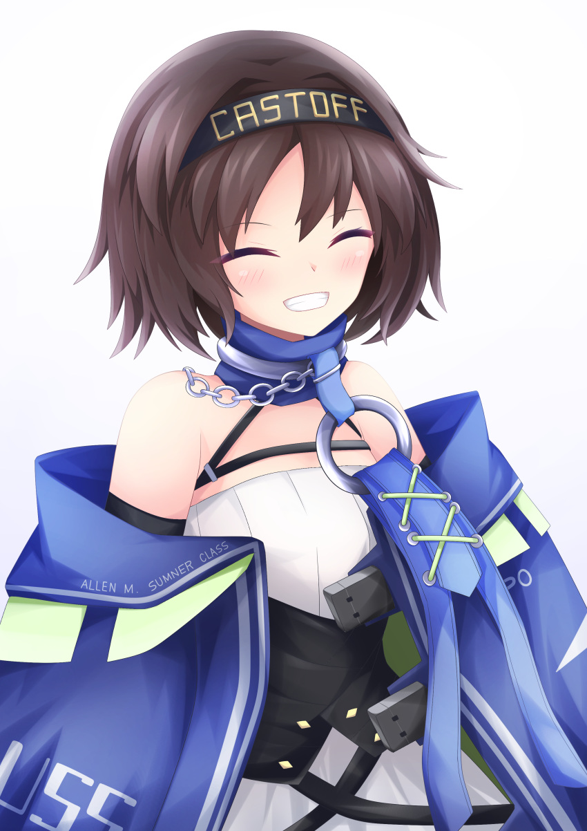 1girl, ^_^, absurdres, azur_lane, bangs, bare_shoulders, black_hairband, black_sleeves