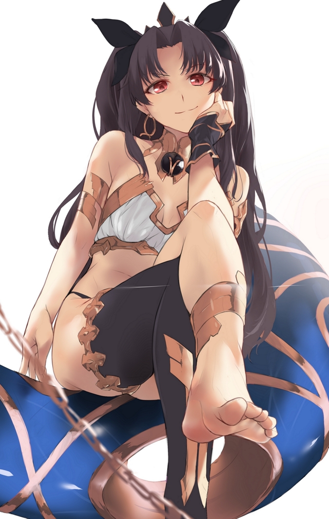1girl, anklet, armlet, asymmetrical_legwear, asymmetrical_sleeves, bangs, barefoot, black_bikini_bottom, black_bow, black_hair, bow, breasts, bridal_gauntlets, chain, closed_mouth, crossed_legs, den_(kur0_yuki), detached_collar, detached_sleeves, earrings, fate/grand_order, fate_(series), feet, gold_trim, hair_bow, heavenly_boat_maanna, hoop_earrings, ishtar_(fate)_(all), ishtar_(fate/grand_order), jewelry, legs, long_hair, looking_at_viewer, medium_breasts, neck_ring, parted_bangs, red_eyes, simple_background, single_detached_sleeve, single_thighhigh, sitting, smile, solo, thigh-highs, tiara, toes, two_side_up, weapon, white_background, white_bikini_top