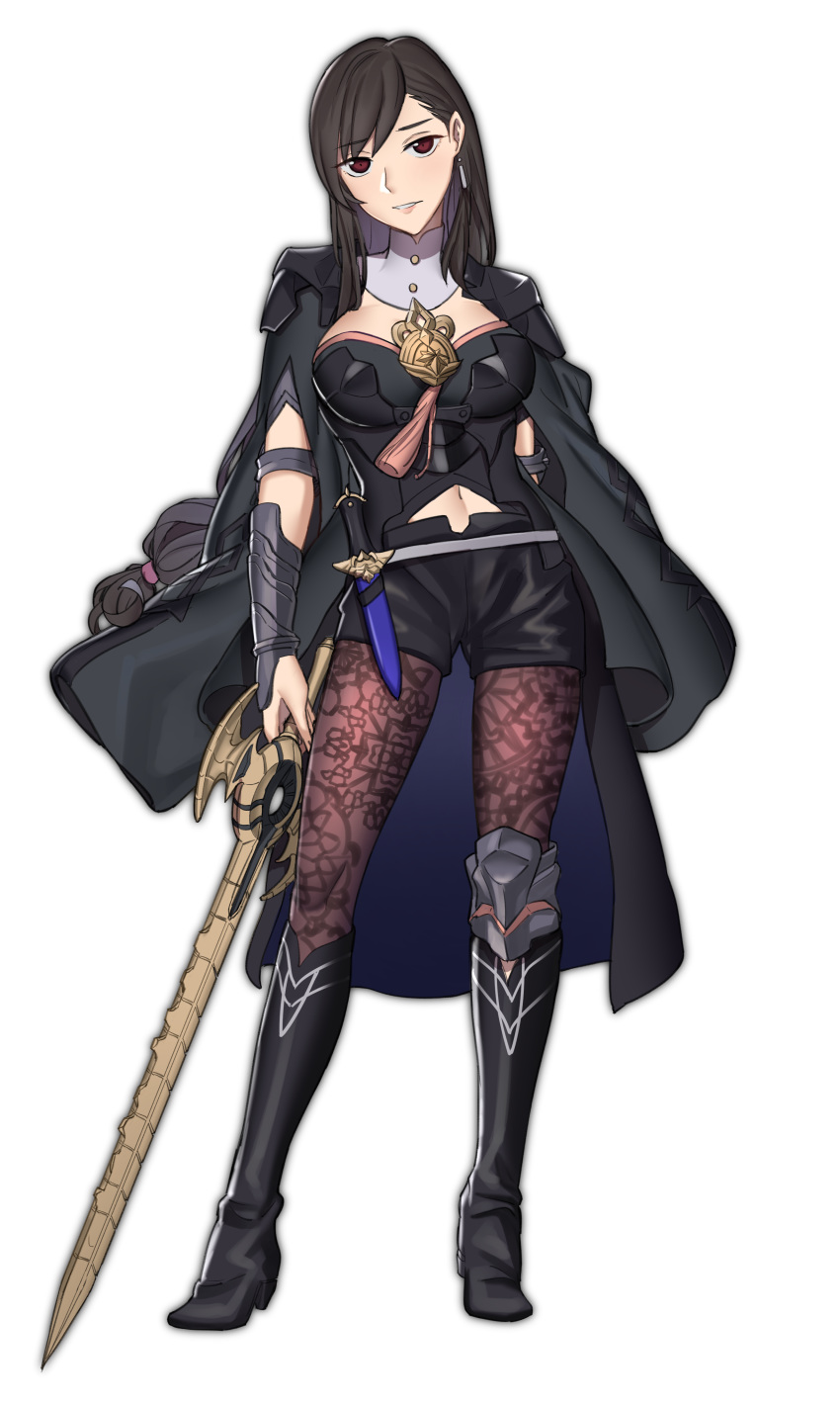 1girl, absurdres, armor, black_shorts, brown_eyes, brown_hair, byleth_(fire_emblem), byleth_eisner_(female), byleth_eisner_(female)_(cosplay), cosplay, dagger, ebinku, final_fantasy, final_fantasy_vii, fire_emblem, fire_emblem:_three_houses, full_body, highres, holding, holding_sword, holding_weapon, long_hair, navel, navel_cutout, pantyhose, parted_lips, sheath, sheathed, shorts, simple_background, solo, sword, tifa_lockhart, weapon, white_background