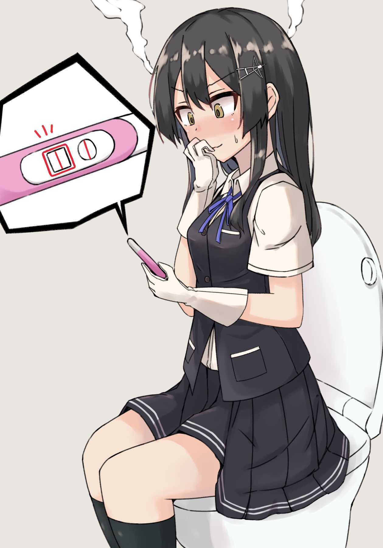 1girl, black_hair, black_legwear, black_skirt, black_vest, blue_neckwear, blue_ribbon, commentary_request