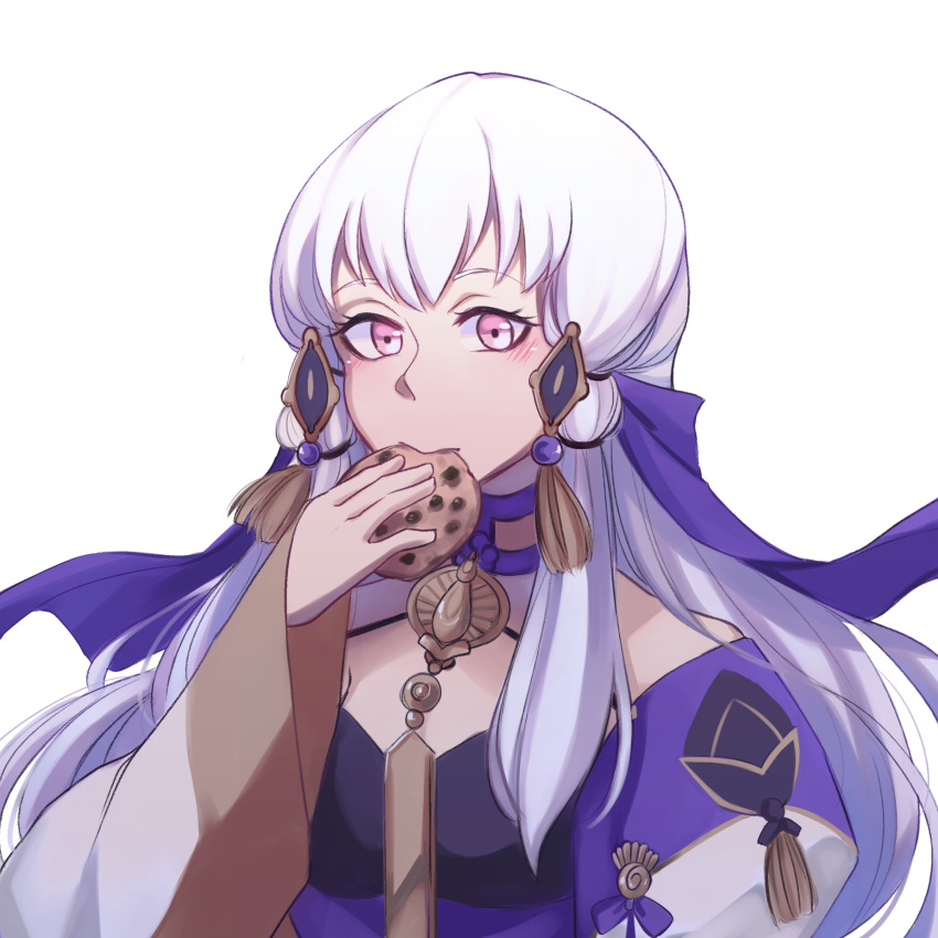 1girl, absurdres, bad_link, cookie, eating, fire_emblem, fire_emblem:_three_houses, food, graviqc, hair_ornament, highres, long_hair, long_sleeves, lysithea_von_ordelia, pink_eyes, simple_background, solo, upper_body, white_background, white_hair
