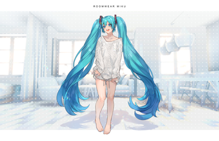 0ctter, 1girl, aqua_eyes, aqua_hair, barefoot, chair, character_name, commentary
