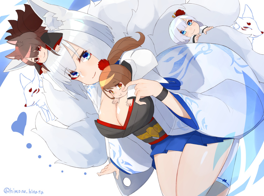 4girls, akagi_(azur_lane), animal_ears, azur_lane, black_kimono, blue_eyes, breasts, brown_hair