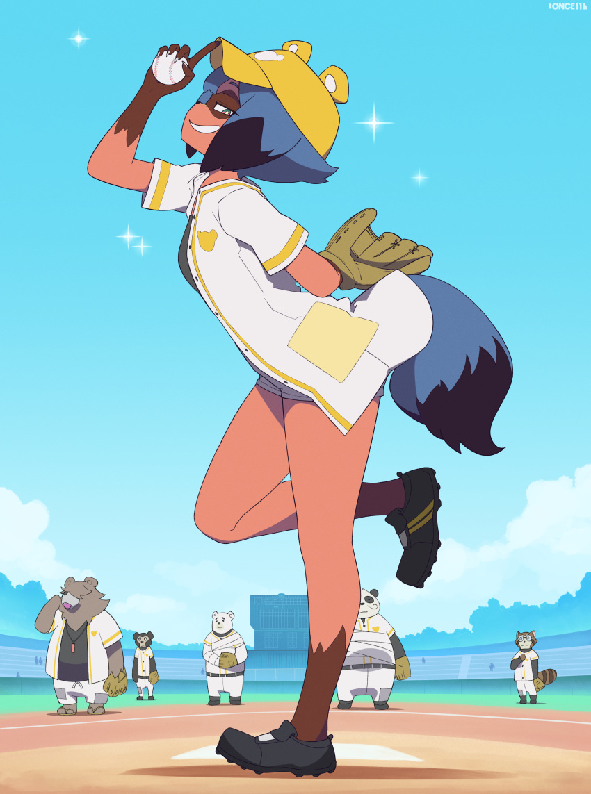 1girl, 5boys, absurdres, adjusting_headwear, animal_ears, artist_name, ball, baseball, baseball_base, bear, black_footwear, black_hair, blue_hair, blush, brand_new_animal, day, eyebrows_visible_through_hair, furry, green_eyes, grin, hat, highres, holding, holding_ball, huge_filesize, kagemori_michiru, looking_at_viewer, multicolored, multicolored_eyes, multicolored_hair, multiple_boys, once_11h, outdoors, parted_lips, pink_eyes, raccoon_ears, raccoon_tail, shoes, short_hair, short_sleeves, smile, sneakers, sparkle, standing, tail, yellow_headwear