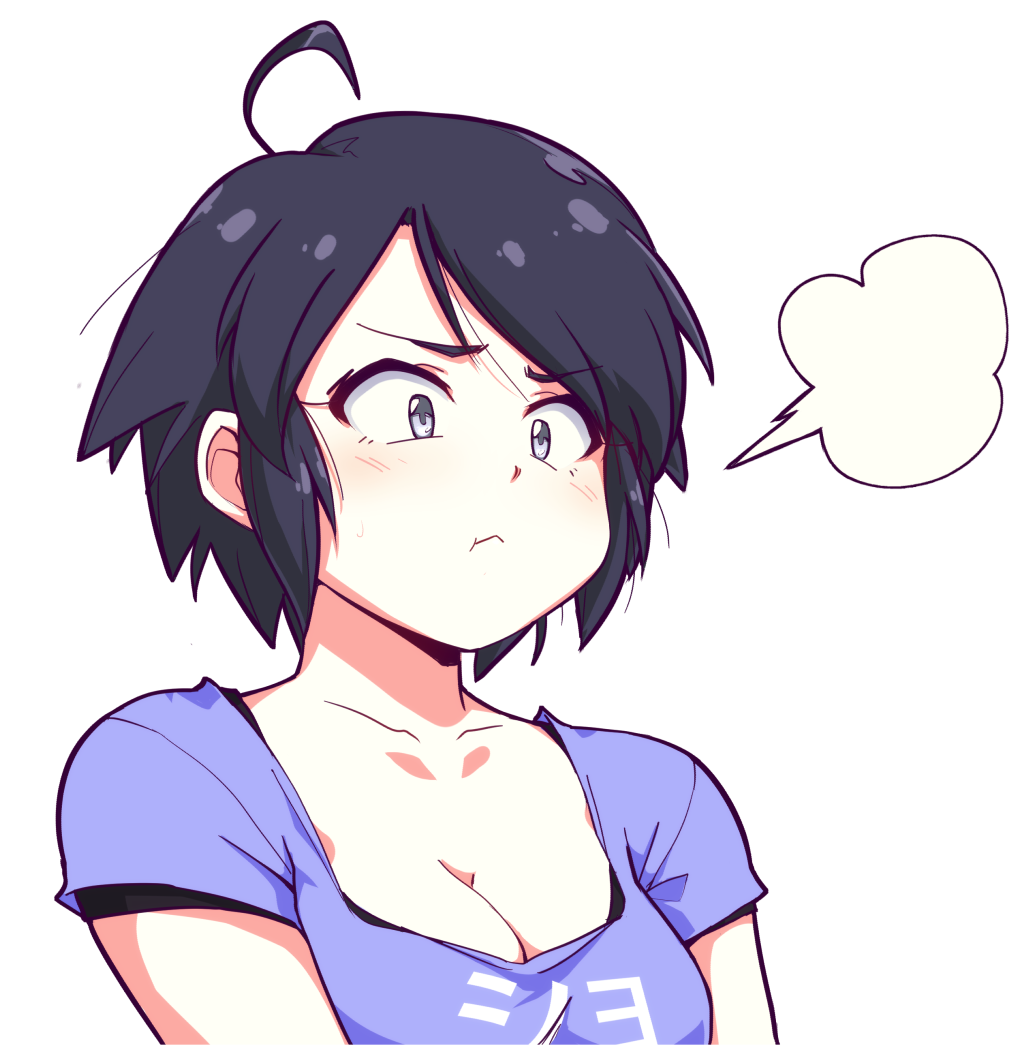 1girl, ahoge, black_hair, blue_eyes, blue_shirt, clothes_writing, collarbone, english_text