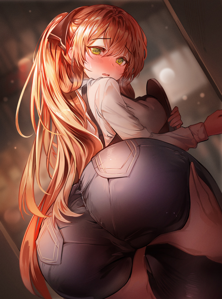 1girl, apron, ass_grab, bangs, bent_over, blush, brown_apron, brown_hair