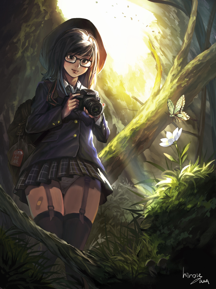 1girl, absurdres, bandaid, bandaid_on_leg, bangs, blazer, bug, butterfly