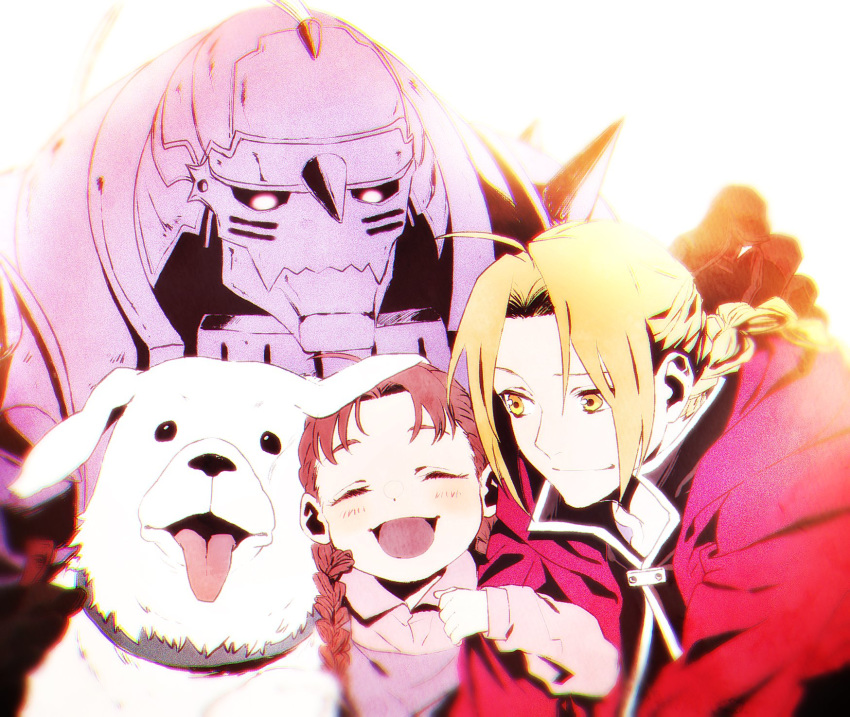 1girl, 2boys, :d, ^_^, alexander_(fma), alphonse_elric, animal, armor