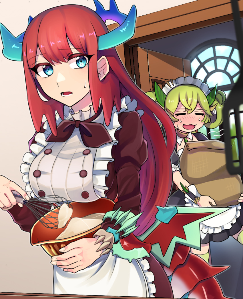 2girls, :3, =_=, apron, bangs, batter, black_dress, blue_eyes
