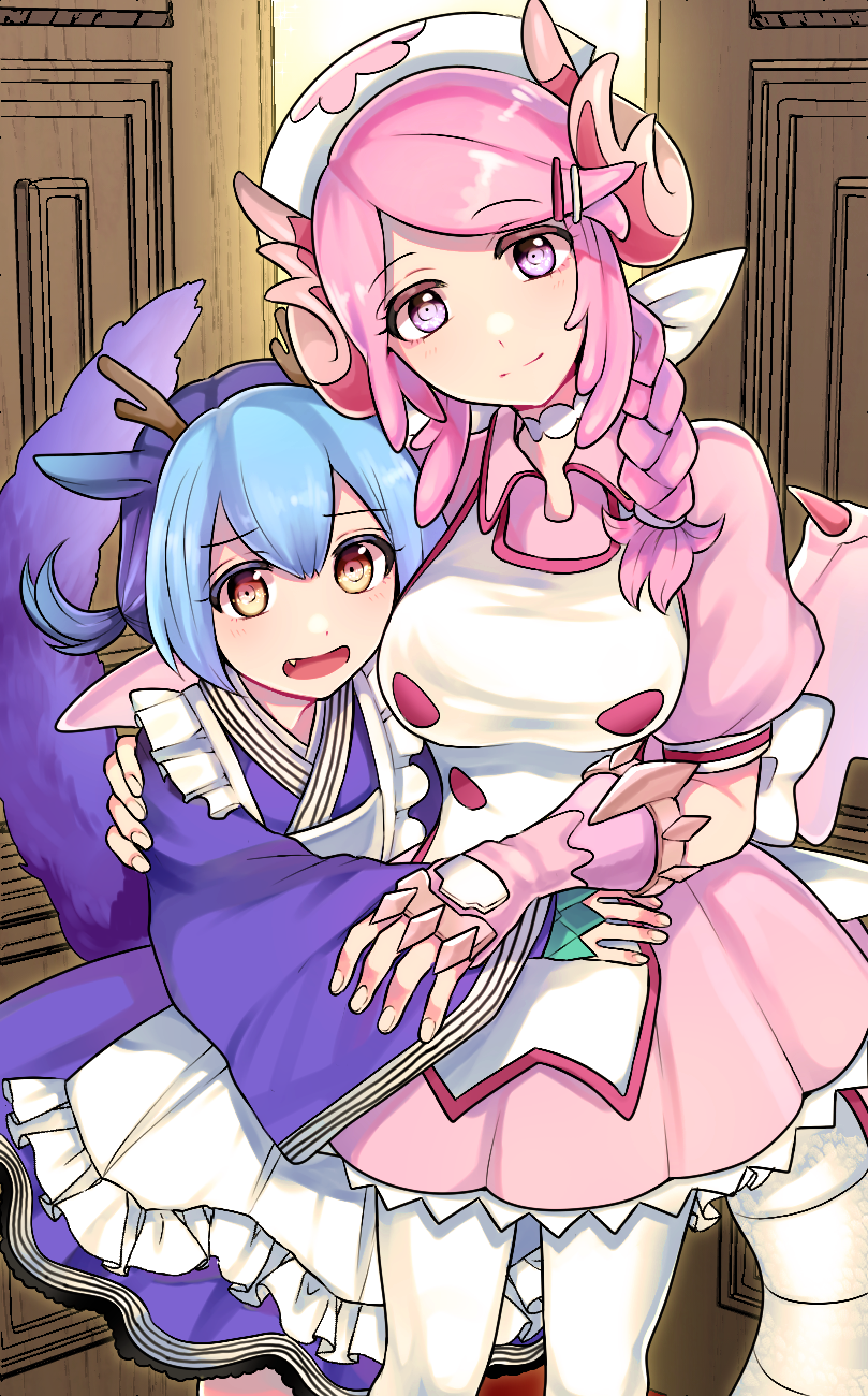 2girls, animal_ears, apron, back_bow, bangs, blue_hair, blue_kimono, blush