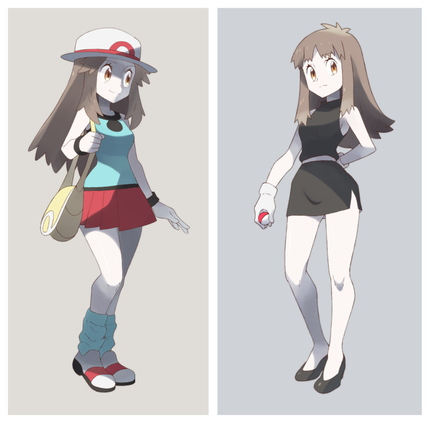 1girl, arm_behind_back, bag, bangs, bare_shoulders, black_dress, black_footwear, black_shirt, black_skirt, blue_legwear, blue_shirt, breasts, brown_hair, closed_mouth, dress, dual_persona, eyebrows, eyebrows_visible_through_hair, eyelashes, frown, full_body, gloves, gradient, gradient_background, graphite_(medium), green_(pokemon), grey_background, handbag, hat, highres, holding, holding_poke_ball, leaf_(pokemon), long_hair, looking_at_viewer, loose_socks, medium_breasts, miniskirt, no_bra, nomura_(buroriidesu), orange_eyes, parted_bangs, platform_footwear, pleated_skirt, poke_ball, poke_ball_(generic), poke_ball_theme, pokemon, pokemon_(game), pokemon_frlg, pokemon_rgby, pokemon_rgby_beta, prototype, red_skirt, shirt, shoes, side_slit, sideboob, sidelocks, simple_background, skirt, skirt_set, sleeveless, sleeveless_shirt, smile, socks, solo, standing, straight_hair, tank_top, traditional_media, white_footwear, white_gloves, white_headwear, wristband