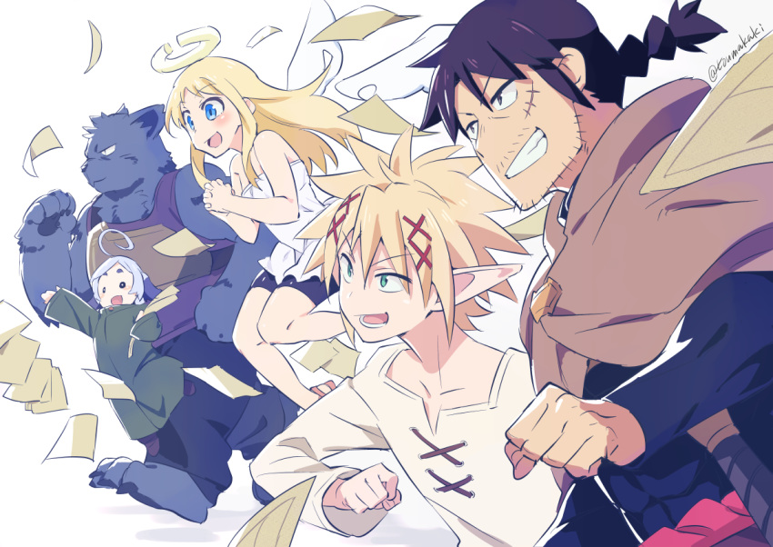 1other, 4boys, :d, ahoge, angel, angel_wings, animal_ears, black_hair