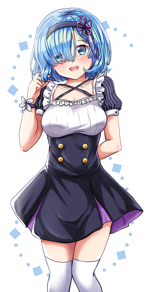 1girl, :d, alternate_costume, alternate_hairstyle, amai-tapioca, arm_behind_back, black_hairband, blue_eyes, blue_hair, blush, breasts, collarbone, dress, eyes_visible_through_hair, hair_ornament, hair_over_one_eye, hairband, large_breasts, looking_at_viewer, medium_hair, open_mouth, re:zero_kara_hajimeru_isekai_seikatsu, rem_(re:zero), ribbon, smile, solo, thigh-highs, upper_teeth, white_legwear