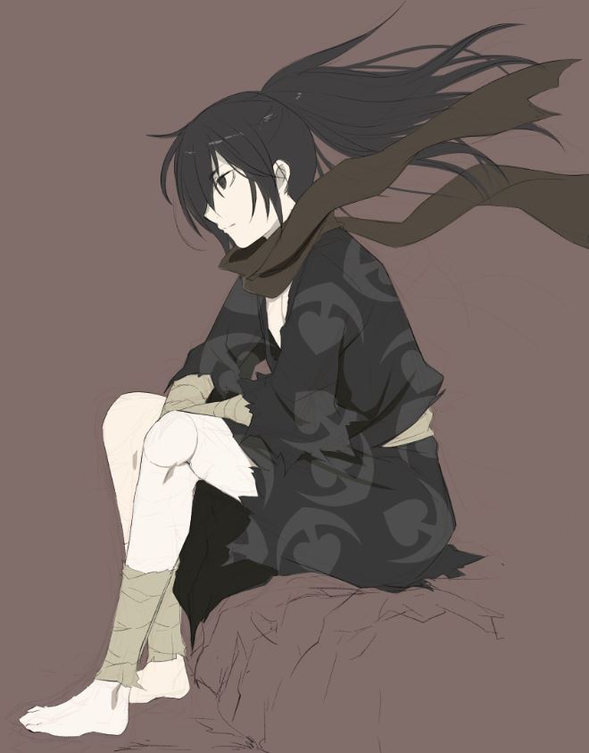 1boy, bandaged_arm, bandaged_leg, bandages, bare_legs, barefoot, black_eyes, black_hair, black_kimono, brown_background, brown_scarf, closed_mouth, dororo_(tezuka), floating_hair, full_body, hand_on_own_leg, high_ponytail, hyakkimaru_(dororo), japanese_clothes, kimono, long_hair, long_sleeves, looking_to_the_side, male_focus, maru_(sasayama_chikage), prosthesis, sash, scarf, simple_background, sitting, solo, torn_clothes, torn_kimono